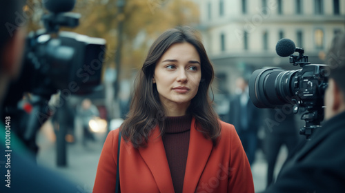  W trakcie wywiadu, młoda polityk z pewnością prezentuje swoje poglądy, a dziennikarze z różnych mediów uważnie słuchają jej wystąpienia, rejestrując każdy moment.