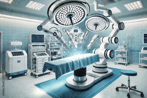 A high-tech surgical room with a robotic surgical system in action