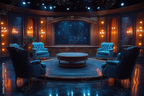 empty game show talk show set featuring stage lights chairs and a table designed with a dynamic ambiance inviting viewers to imagine entertaining discussions and performances