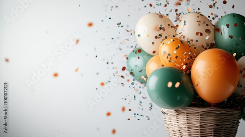 A vibrant basket filled with colorful balloons is showered with confetti, capturing a festive and joyous moment that represents celebration, fun, and happiness in a lively setting.