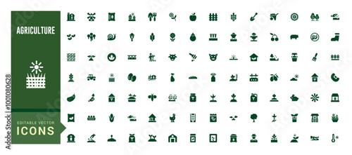 Set of agriculture icons collection. Filled icon pack, glyph for web and ui. Solid icons set. Editable filled symbol. Vector illustration.