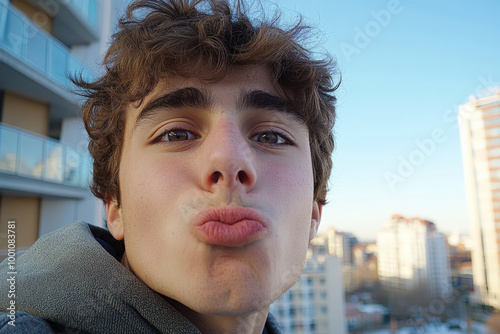 Young Man Making a Kiss Face Outdoors. A close-up shot of a young man with tousled hair making a kiss face in an urban setting, captured outdoors in the daytime.