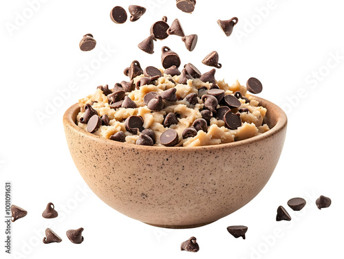 A delicious bowl of cookie dough sprinkled with chocolate chips, set against a white isolated background.