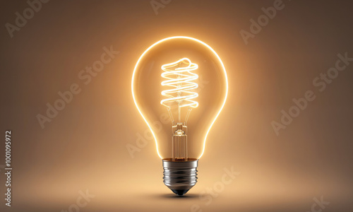 A light bulb with a coiled filament glows brightly against a beige background