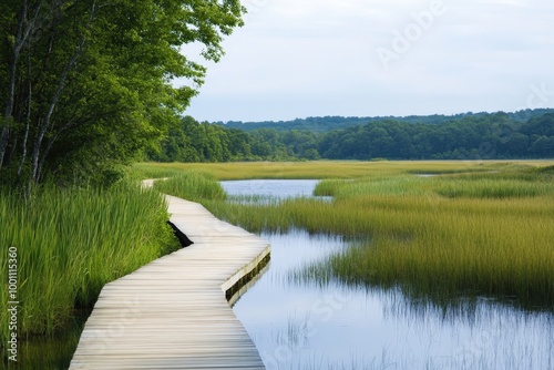 Peaceful nature landscape with wooden boardwalk