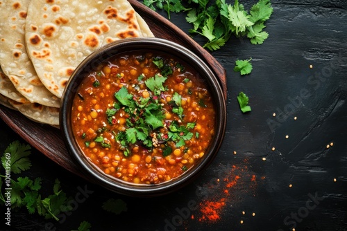 Traditional indian masoor dal or tadka lentil stew served with homemade chapati on an antique dark wood table, showcasing a spicy lentil soup garnished with fresh herbs and spices in a bowl