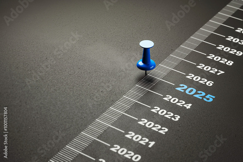 Blue pin marking the year 2025 on a timeline concept. 3D Rendering