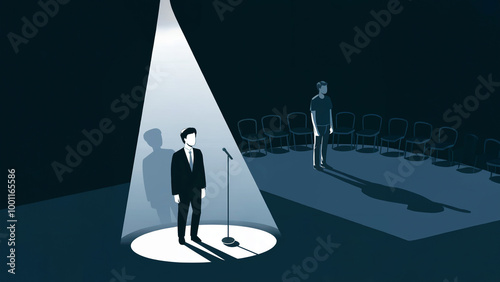 An illustration showing a person standing alone in a spotlight on stage while another person stands in the shadows, symbolizing isolation and imbalance in a relationship.