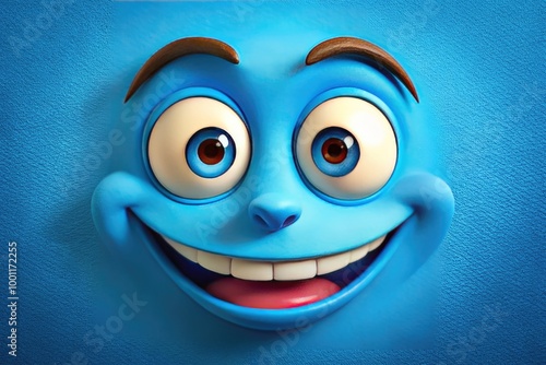 A mischievous, cartoonish face with a sly grin and crossed eyes, set against a bright blue background with subtle gradient and texture effects.