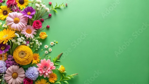 Colorful flowers arranged on a green background with space. Banner, card for spring, summer, gardening with copy space