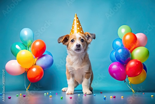 A playful puppy surrounded by colorful balloons, streamers, and confetti, standing on its hind legs, wearing a party hat, against a bright blue background.