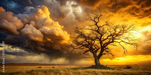 Dark, foreboding clouds gather above a twisted, barren tree, set against a sickly yellow sky, evoking a sense of impending doom and forewarning.