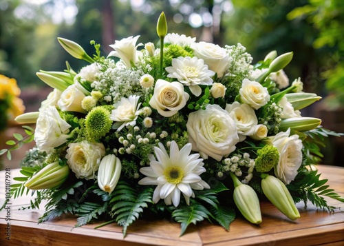 Delicate white petals and lush greenery create a serene, mournful atmosphere in a floral arrangement, evoking a sense of reverence and solemnity at a funeral service.