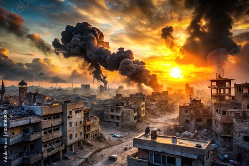 Dramatic silhouette of a lonely, battered cityscape at sunset, with smoke-filled skies and ruined buildings, set against a backdrop of chaotic, ongoing war.