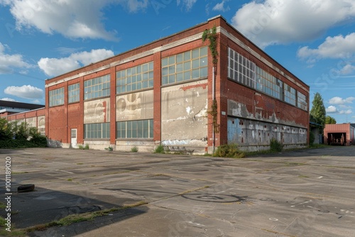 Old abandoned red brick warehouse building with broken windows is falling apart