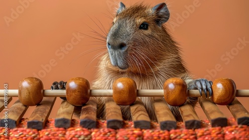 Capybara Playing Marimba in Isolated Setting