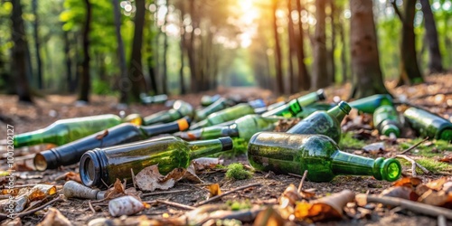 Empty bottles of champagne and beer littering forest floor causing pollution environment non decomposable waste alcohol beverages party celebration nature trash garbage environment