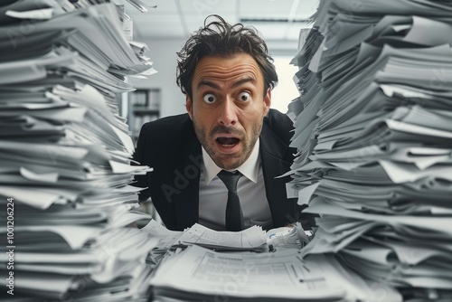 A desk employee looking shocked at a huge pile of papers on his desk.