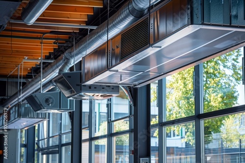 Metal air conditioning vent ducts and pipes hanging from ceiling in modern building