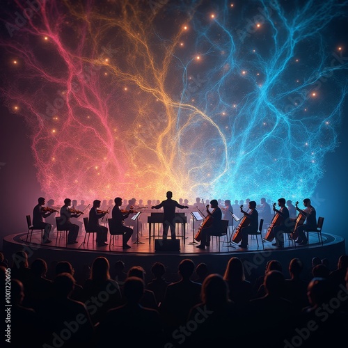 Symphonic orchestra music generated by Artificial Intelligence. Abstract illustration with vibrant colors . Dynamic connection between sound and waving neural pathways. 