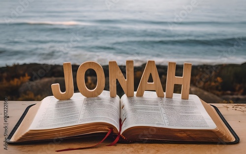 A captivating presentation of the Book of Jonah, featuring an open Bible that highlights the name of the book dramatically