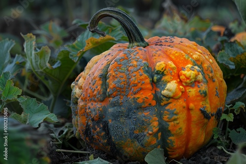 Bumpy and warty pumpkin growing in a pumpkin patch surrounded by green leaves