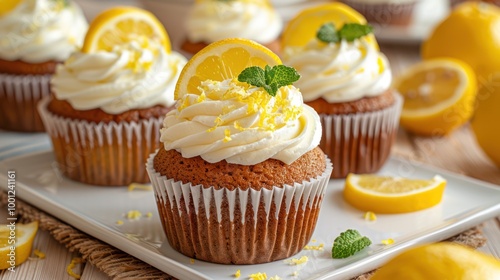 Luscious Lemon Cupcake with Cream and Frosting on Bright Table Background - Food Bakery Bake Photography Square