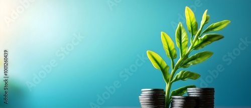 A small green plant grows from a pile of coins, symbolizing growth, investment, and prosperity against a soft blue background.