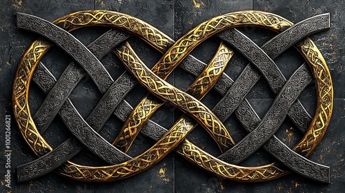 Golden and silver Celtic knots entwine over a dramatic black marble background, exuding opulence.