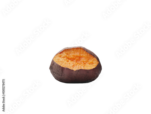 Baked sweet potato split open, showing the soft orange interior, on a white background. PNG transparent.