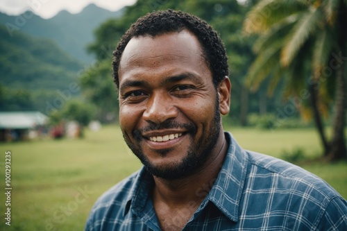 Close portrait of a smiling 40s Solomon Islander man looking at the camera, Solomon Islander outdoors blurred background