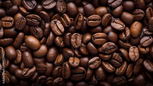 Closeup shot of roasted coffee beans showcasing their rich texture and color.