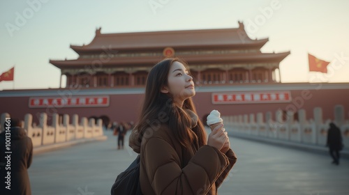 A cute girl, standing in front of Tian An Men eating icecream