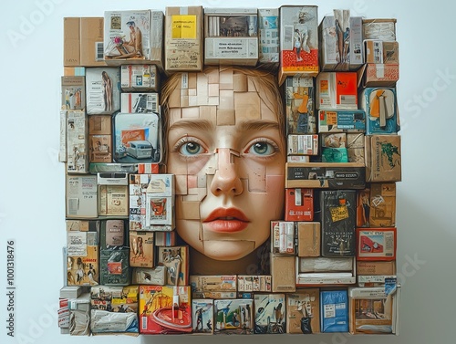 Surreal Collage Portrait of a Woman's Face Made of Cardboard Boxes