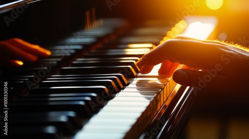 A close-up of a hand playing a piano keyboard, bathed in warm, golden light, symbolizing passion, creativity, and the beauty of music.