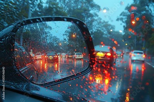 A car's rear view mirror shows a busy street with cars and a lot of rain