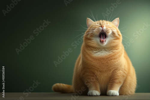 A fluffy orange cat yawns while sitting against a dark green backdrop during daylight hours