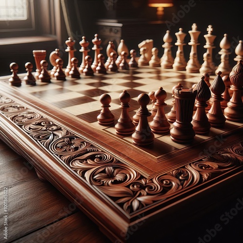 An intricate wooden chessboard set up with elegant chess pieces, illuminated by warm lighting in a classic indoor setting. The scene captures the beauty and sophistication of the game, perfect for