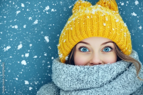 Cheerful person in a cozy yellow hat and scarf, enjoying a snowy winter day with bright blue eyes and a warm smile.