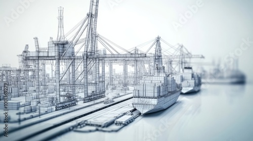 A detailed architectural sketch of a busy port, showcasing cargo ships, cranes, and shipping infrastructure along the waterway.