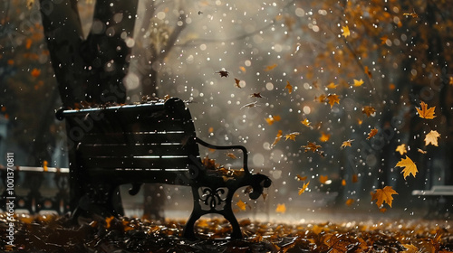 A medium close-up of a person sitting alone on a park bench, their face calm, surrounded by autumn leaves falling gently, symbolizing peaceful solitude.