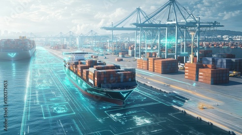 A futuristic port scene showcasing a container ship being loaded and high-tech cranes amidst a vibrant waterfront environment.