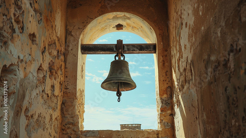 A solitary church bell hanging in a tower, with no sound or movement, waiting in the silence for its next ring.