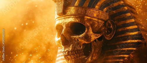 A golden skull adorned with pharaoh-like headdress, surrounded by a mystical, luminous atmosphere, evokes ancient Egypt's mysteries.