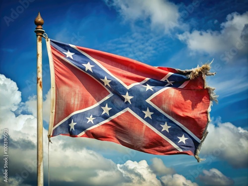 A tattered and worn Confederate flag waves in the gentle breeze, its faded red and blue hues evoking a sense of nostalgia and historical significance.