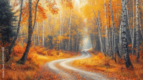 Eastern European autumn landscape with a magical forest, colorful yellow and orange foliage, tree trunks, and a serene road winding through