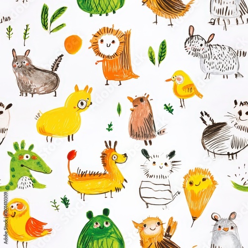 Colorful illustration of various cute animals on white background, perfect for children's decor and playful designs. Seamless Texture Tile