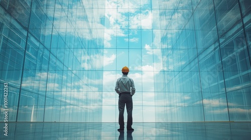 Engineer in a Hard Hat Overseeing Construction in a Modern Glass Building with Sky Reflections