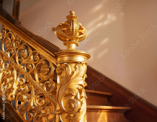 A grand golden Baroque decorative element with complex volutes and floral carvings, attached to an opulent staircase railing, glowing in soft morning light