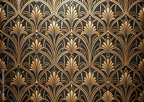 Intricate geometric shapes, metallic accents, and ornate details adorn a ornamental wallpaper design, evoking the opulence and luxury of the roaring twenties art deco era.